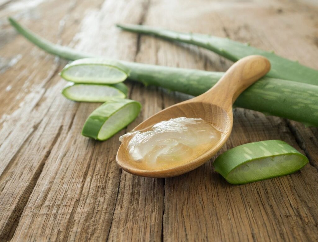 Aloe vera gel on wooden spoon.