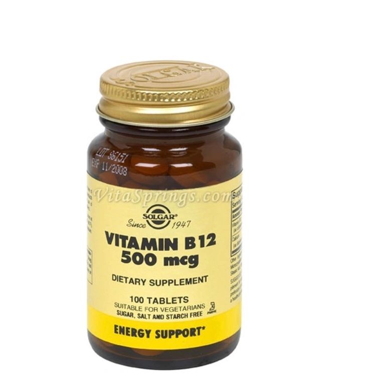 Vitamin B12 supplement bottle with label.