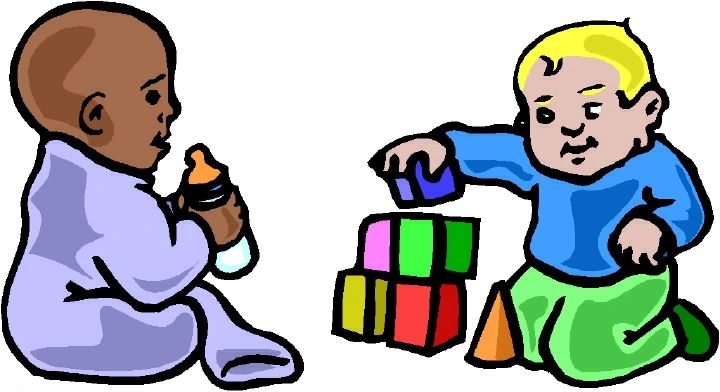 Babies playing with blocks and bottle.