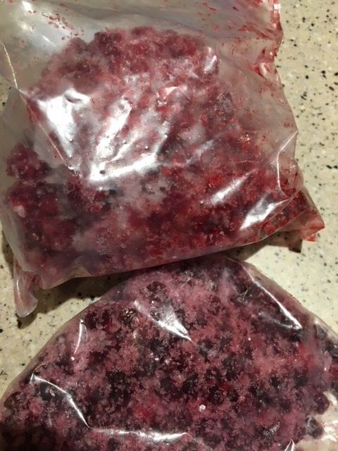 Frozen berries in plastic bags on counter.