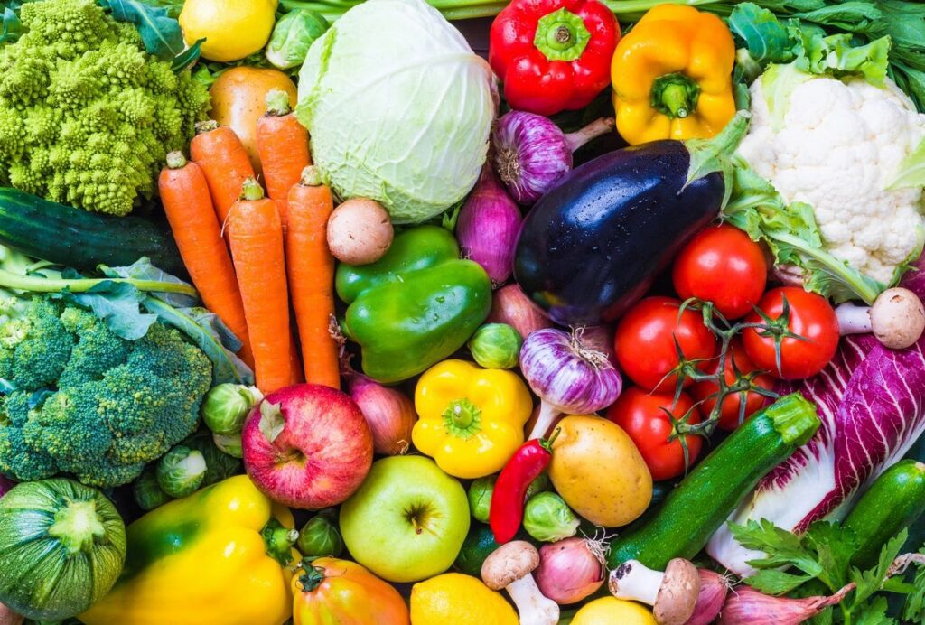 Colorful assortment of fresh fruits and vegetables.