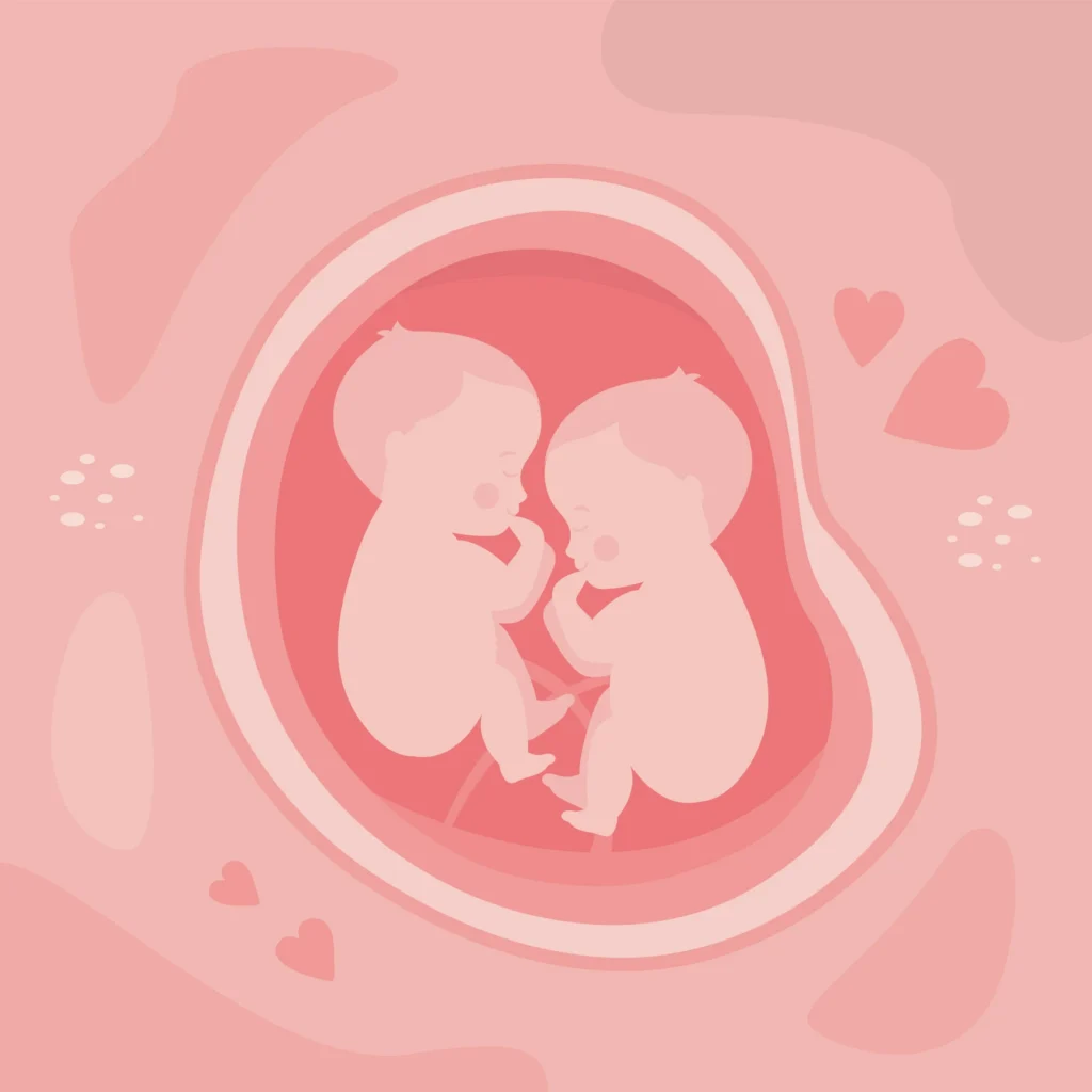 Pink background with a fetus in the womb, surrounded by heart symbols