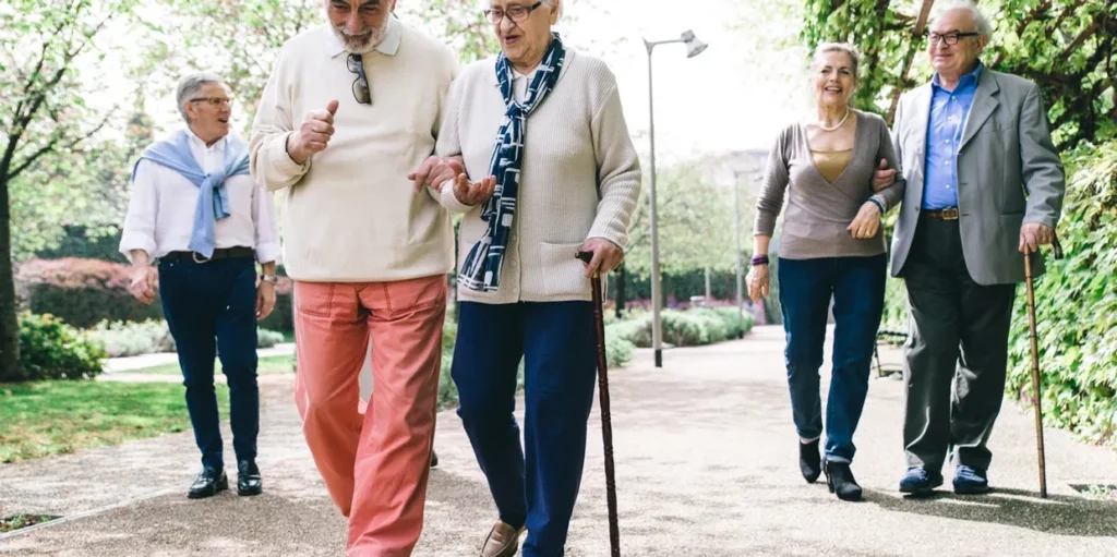 Group of older people walking down a path in a park, surrounded by trees, plants, and grass