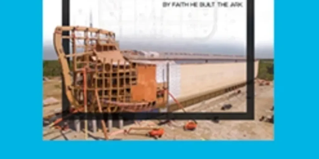 Wooden boat being built on the beach, with a bridge in the background, trees on either side