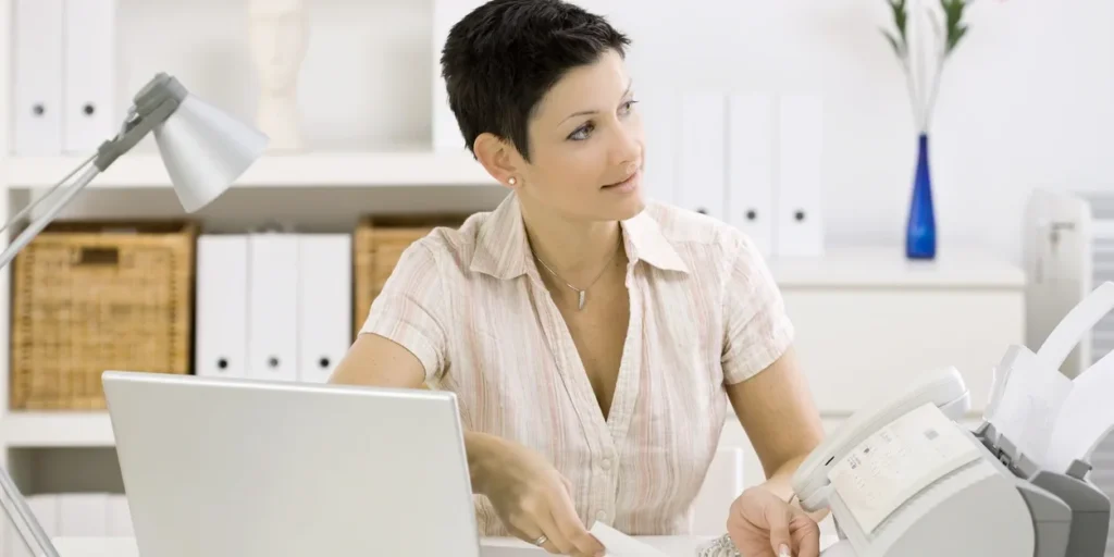 Woman sitting at a desk with a laptop, a printer, a lamp