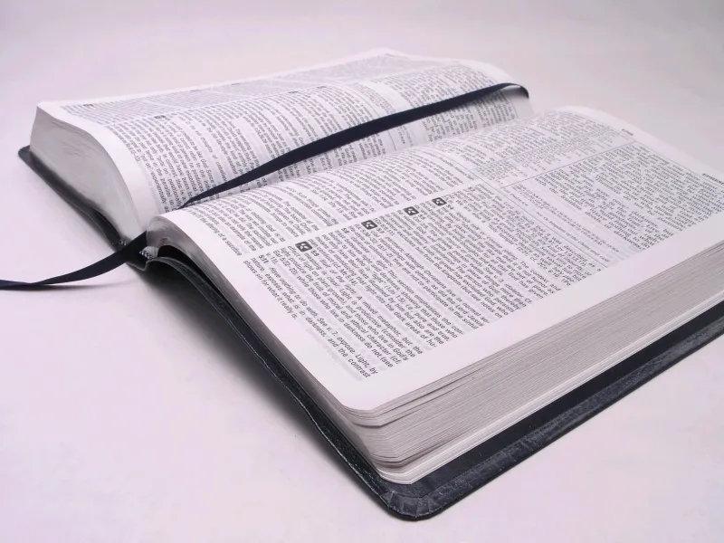 Open bible with a black cover on a white background, which is a bible journaling bible