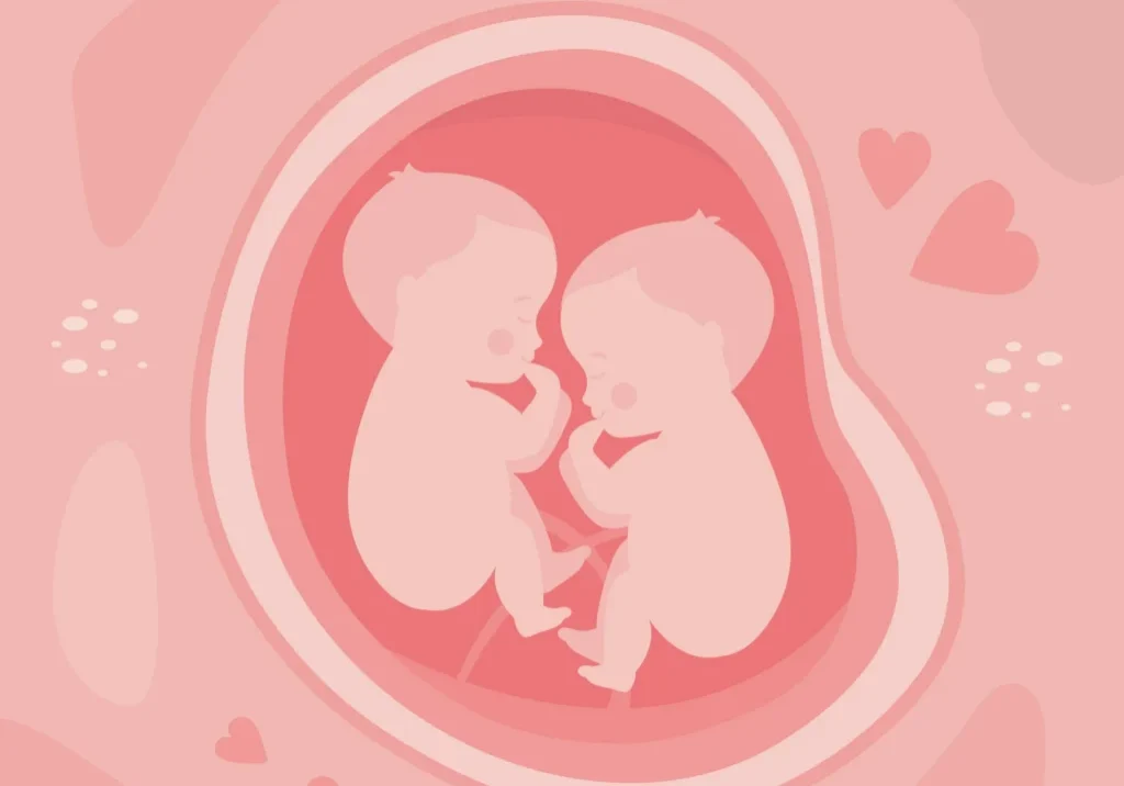 Pink background with a fetus in the womb, surrounded by heart symbols