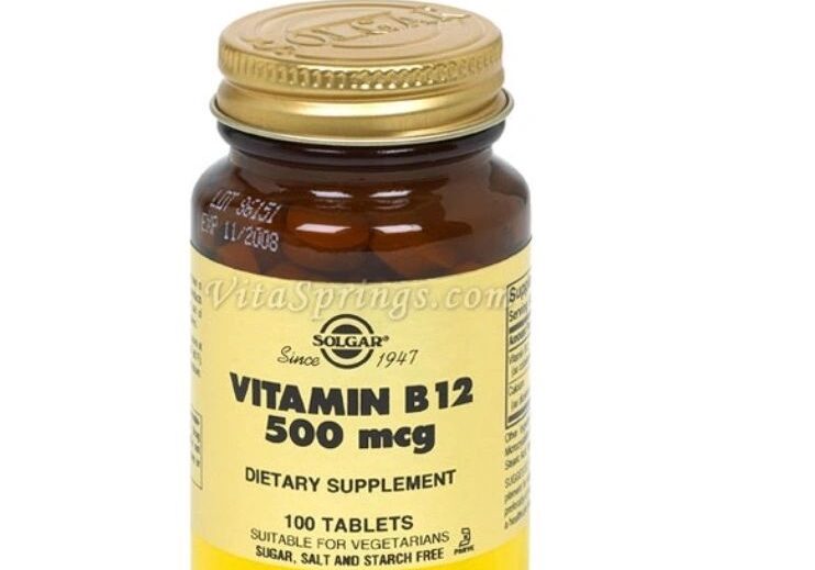 Vitamin B12 supplement bottle with label.