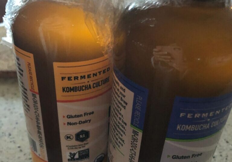 Two bottles of kombucha culture on counter.