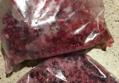 Frozen berries in plastic bags on counter.