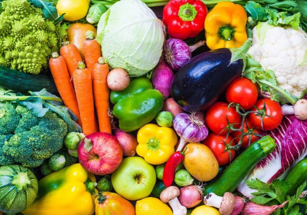 Colorful assortment of fresh fruits and vegetables.