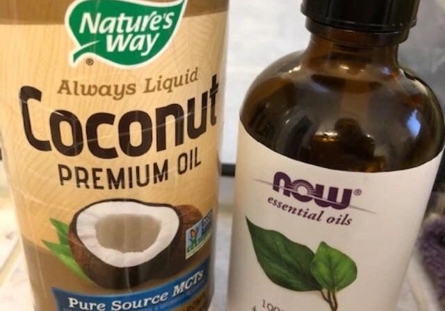 Coconut oil and tea tree oil bottles.