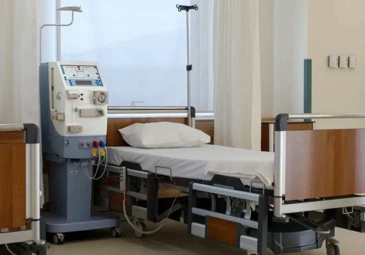Hospital room with a bed, a monitor, a stand, a cupboard, a trolley, a wall with curtains