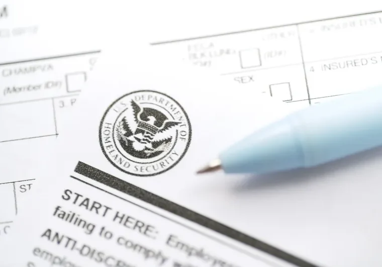 Blue pen sitting atop a tax form with a logo and text on it