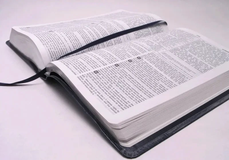 Open bible with a black cover on a white background, which is a bible journaling bible