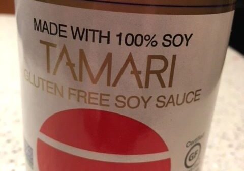 Tamari gluten-free soy sauce bottle label.
